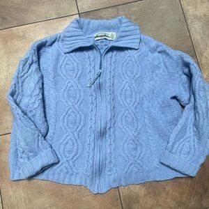 Aran Crafts Merino 100% Wool Cable Knit Cardigan Full Zip Light Blue sz XXL